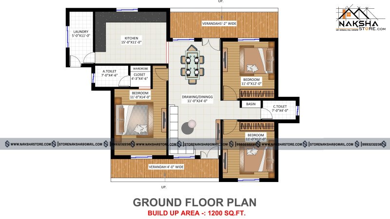 1200 Sq.ft Ground Floor House Plan | 3BHK Modern Layout Design